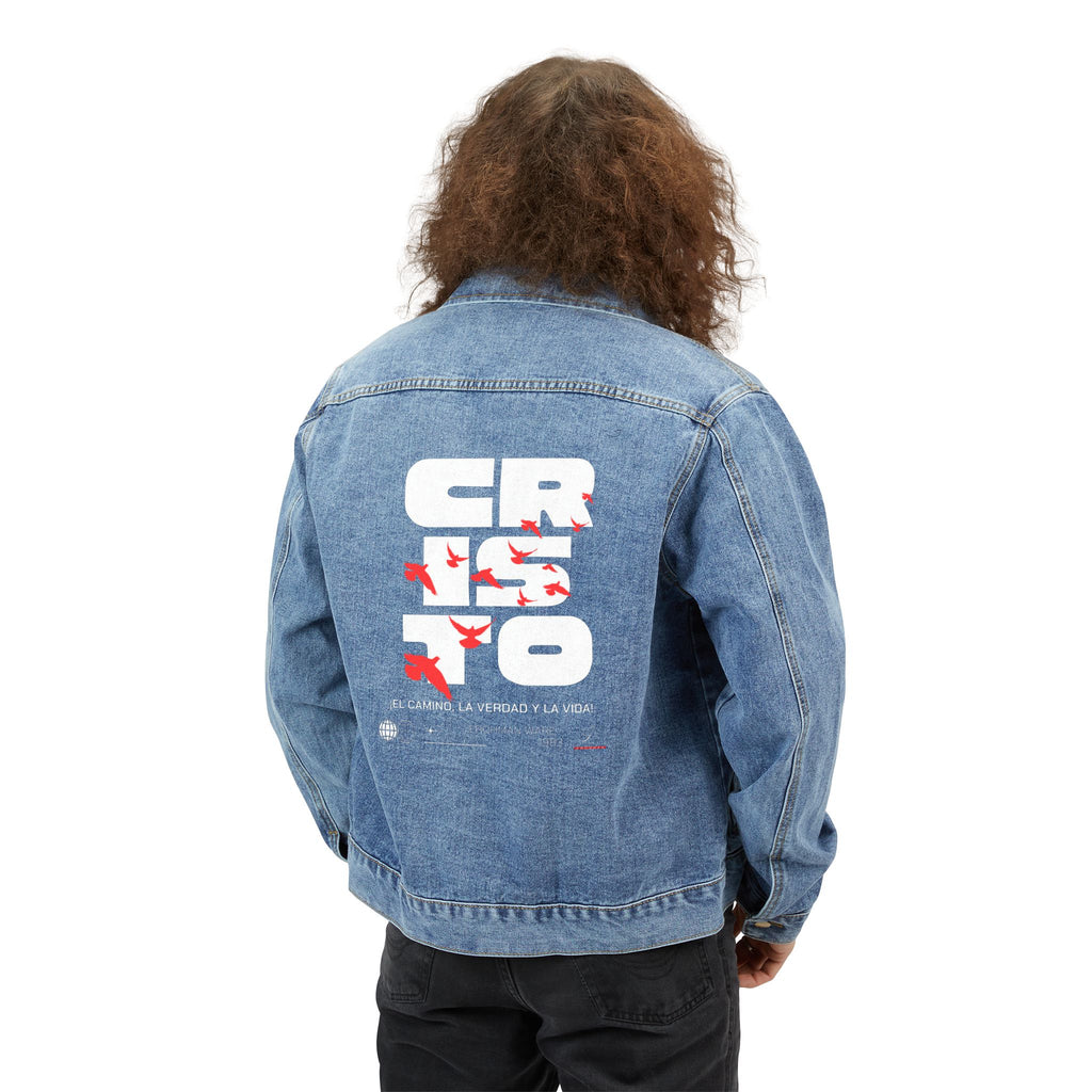 Denim Jacket — Bold Back Graphic "CRISTO: El Camino, La Verdad & La Vida" Lettering