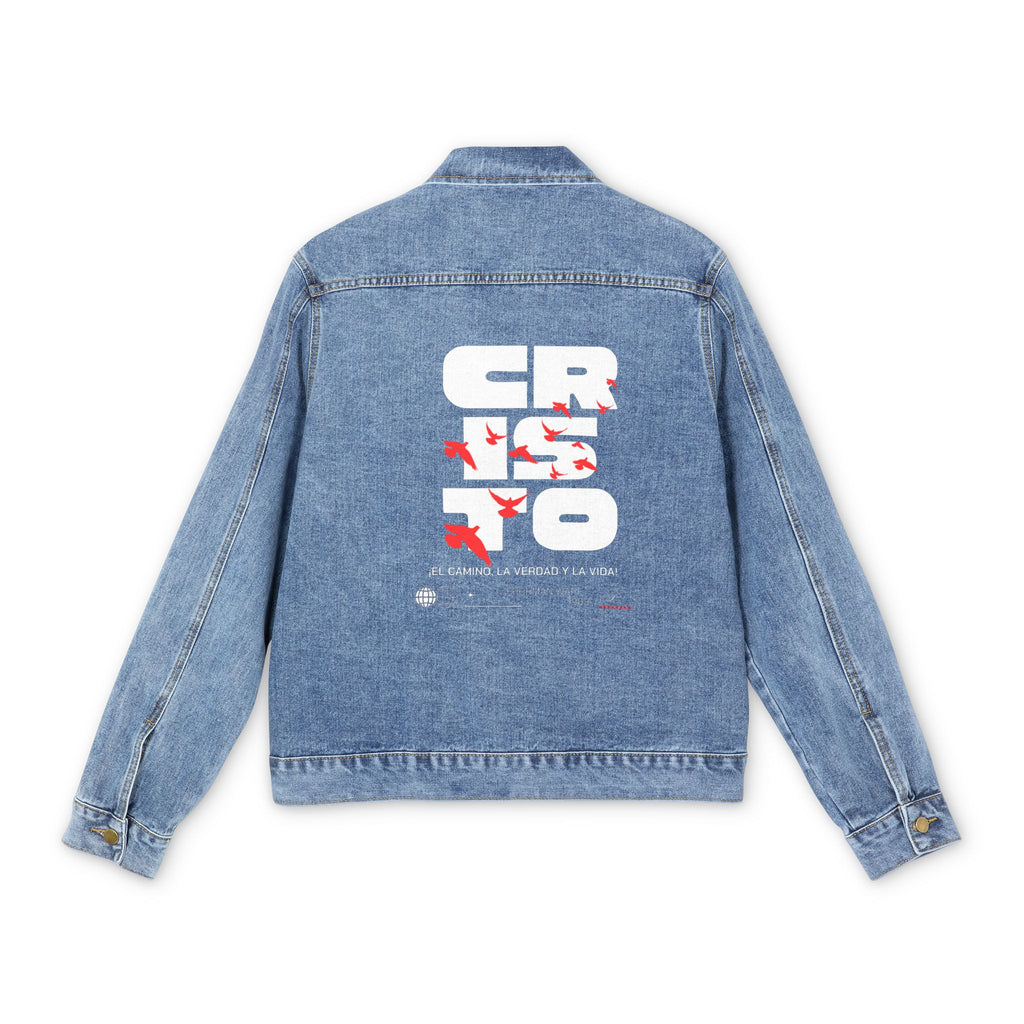 Denim Jacket — Bold Back Graphic "CRISTO: El Camino, La Verdad & La Vida" Lettering