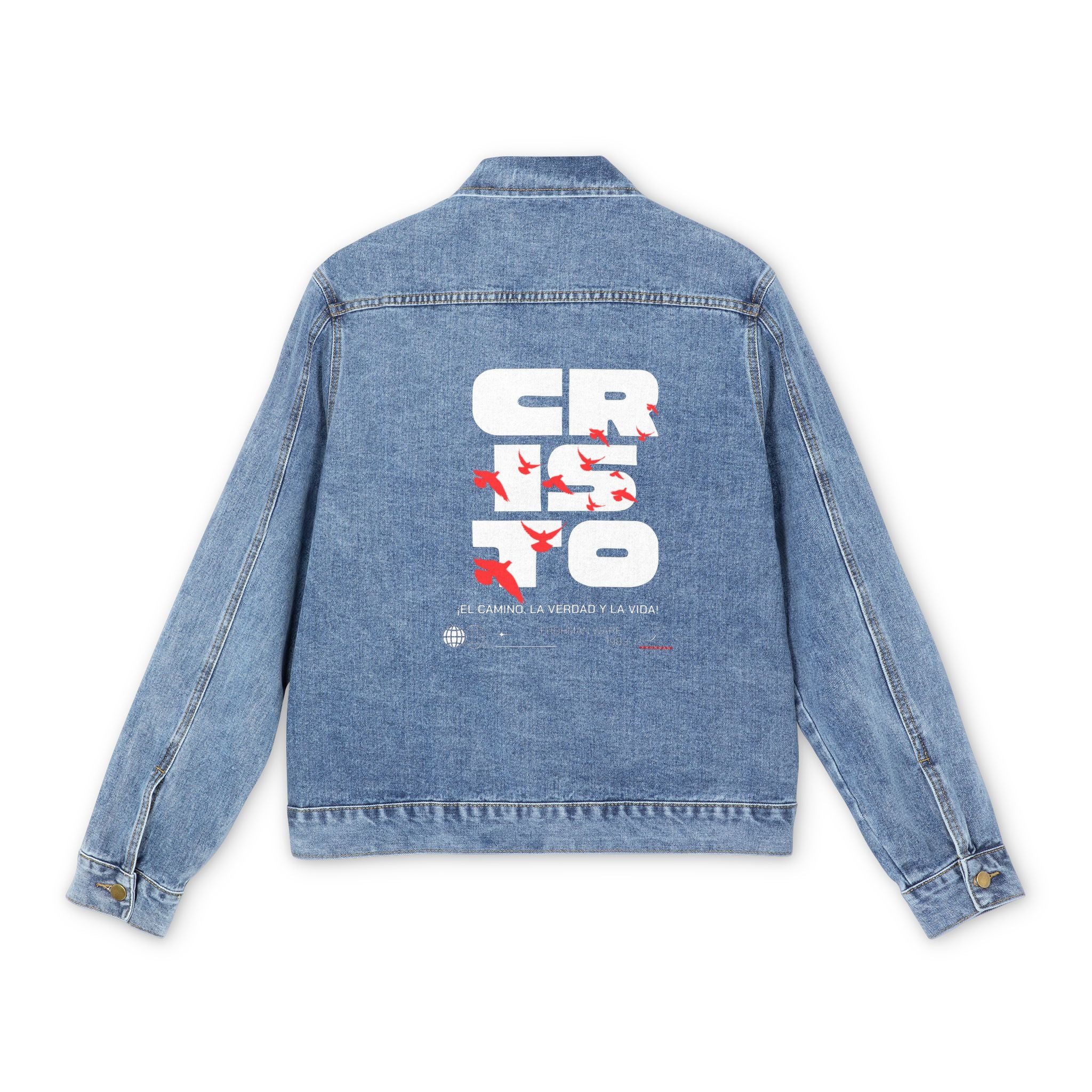 Denim Jacket — Bold Back Graphic "CRISTO: El Camino, La Verdad & La Vida" Lettering